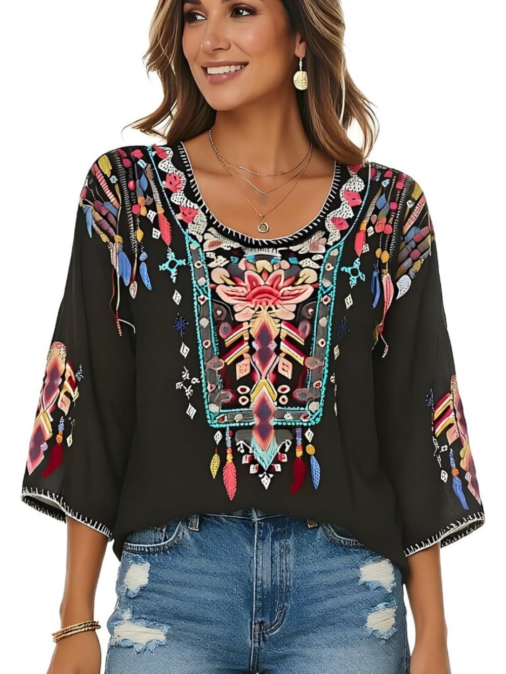 Embroidered Boho Floral Blouse - Women's Mexican Fiesta Top, Traditional Style